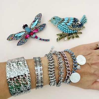 Pulseiras metálicas prateadas e broches em forma de libélula e pássaro com pedras coloridas num fundo branco.