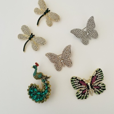 Cinco broches decorativos em formato de libélulas, borboletas e pavão com pedras brilhantes em fundo branco
