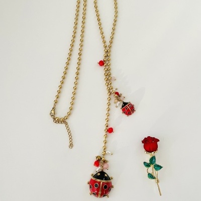 Colar com pingente de joaninha, brincos de joaninha e broche de rosa vermelha sobre fundo branco