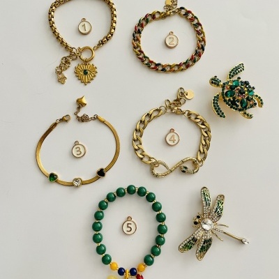 Coleção de pulseiras douradas e coloridas e broches de tartaruga e libelinha com pedras verdes.