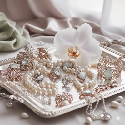 Conjunto de joias elegantes com pérolas e pedras verde-água num tabuleiro prateado com orquídea branca.