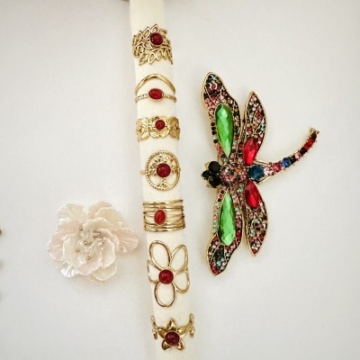 Anéis dourados com pedras vermelhas, broche de libélula colorido e flor branca de tecido