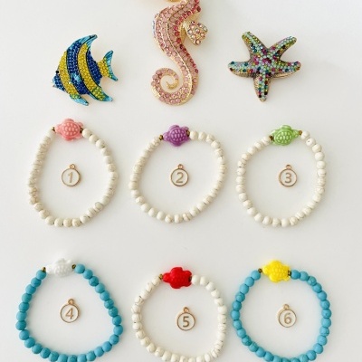 Conjunto de broches de animais marinhos e pulseiras numeradas com contas e ornamentos coloridos.