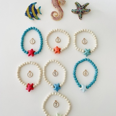 pulseiras de contas com estrelas do mar coloridas e broches decorativos de peixes e cavalo-marinho