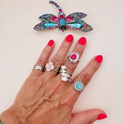 Mão com anéis variados em tons prateados e broche de libélula colorida