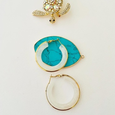 Brincos argola brancos com contorno dourado e broche tartaruga com pedras brilhantes