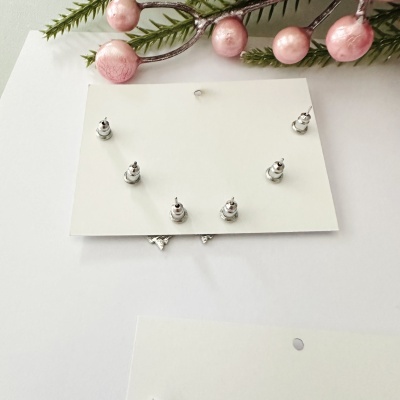 Conjunto de brincos pequenos prateados em cartão branco com decoração de ramos verdes e bolas rosa