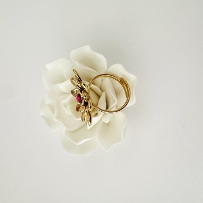 Anel dourado com pedra vermelha sobre flor branca