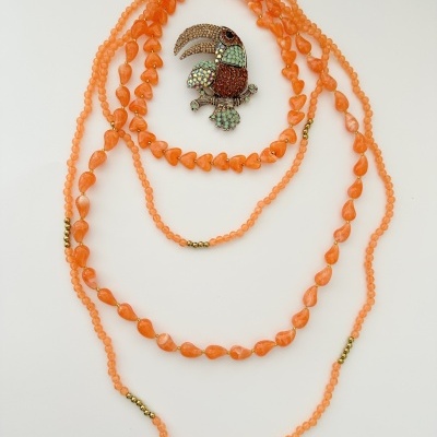 Colar de contas laranja e broche de tucano colorido com pedras brilhantes
