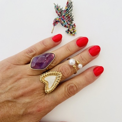 Mão com três anéis e unhas vermelhas, com broche colorido de pássaro ao lado.