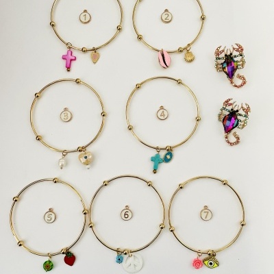 Pulseiras douradas numeradas com vários pendentes coloridos e brincos de escorpião multicoloridos