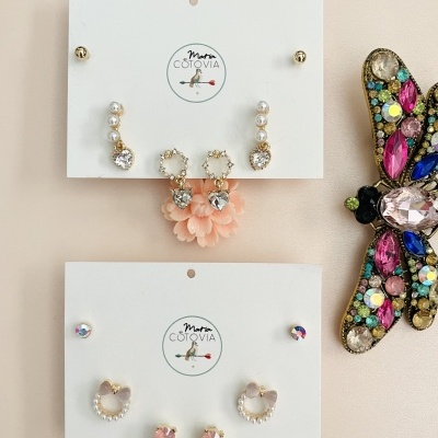 Conjunto de brincos em cartões com logótipo Maria Cotovia ao lado de broche colorido em forma de libélula