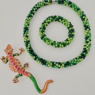 Conjunto de colar e pulseira verde com broche de lagarto colorido