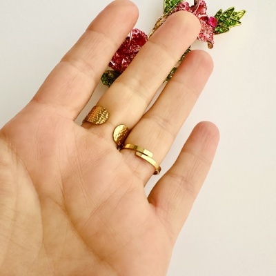 Anel dourado texturizado em mão com fundo branco e decoração vermelha e verde no fundo