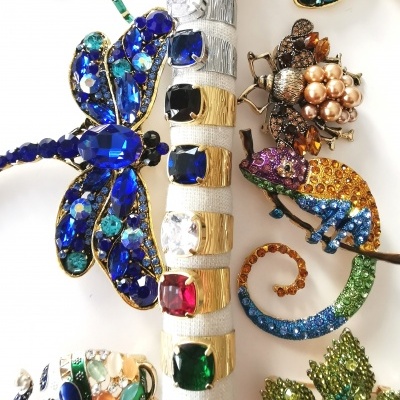 Anéis e broches coloridos com pedras brilhantes em forma de insetos e animais