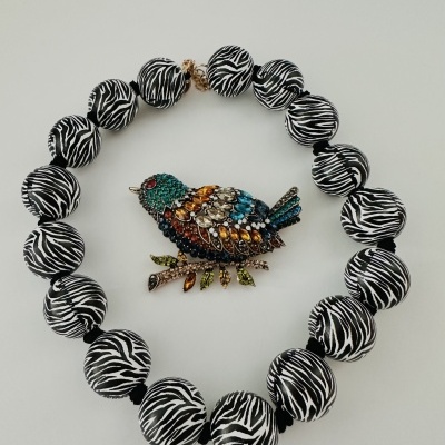 Colar com padrão zebra e broche de pássaro colorido