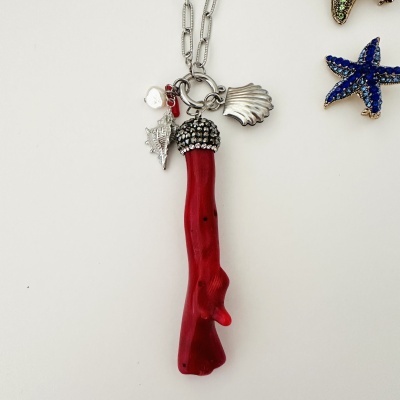 Colar com pendentes variados incluindo ramo de coral vermelho e conchas