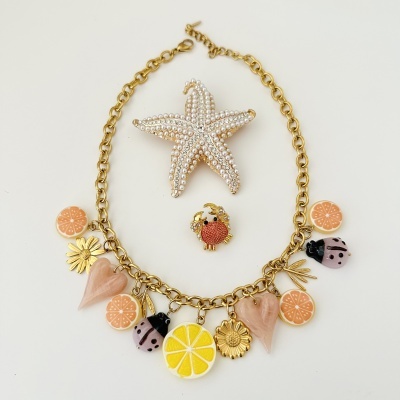 Colar dourado com pendentes coloridos e anéis de estrela do mar e caranguejo.