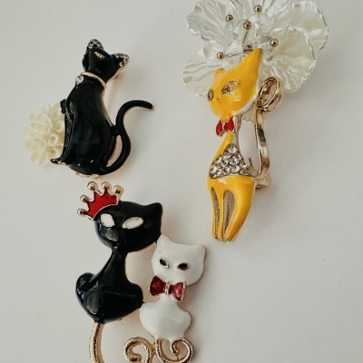 Broches decorativos em forma de gatos coloridos com detalhes em strass e flor branca
