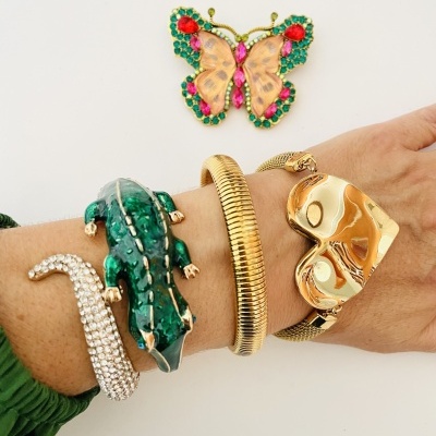 Quatro pulseiras diferentes no pulso e um broche de borboleta colorido.