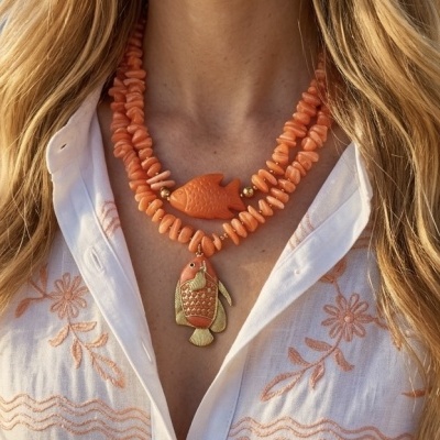 Colares de contas cor de coral com peixes e blusa branca bordada