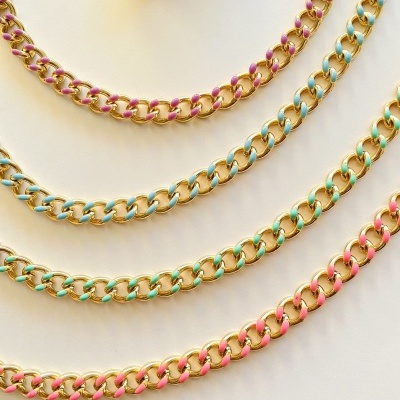 Quatro correntes douradas entrelaçadas com fios coloridos em rosa, azul e verde sobre fundo branco