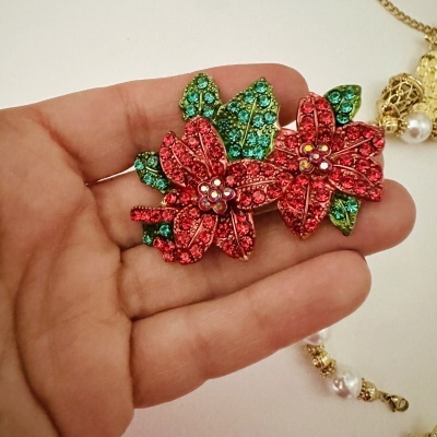 Broche flores vermelhas com cristais e folhas verdes em mão com corrente dourada ao fundo