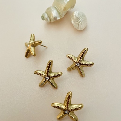 Conjunto de joias em forma de estrela do mar dourada com pedra central
