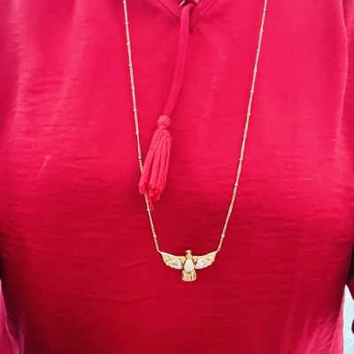 Colar dourado com pendente de ave sobre blusa vermelha com tassel no decote