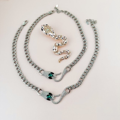 Colares prateados com fechos de cabeça de cobra e anel dourado em forma de serpente