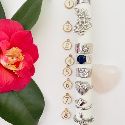 Oito anéis prateados numerados, flor cor-de-rosa, folhas verdes, pedra rosa em forma de coração e pedra branca