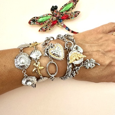 Pulseiras metálicas com diversos pendentes e broche de libélula colorida