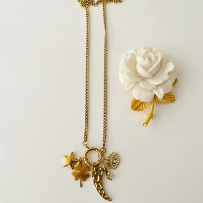 Colar dourado com múltiplos pingentes e broche flor branca com folhas douradas