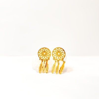 Brincos dourados estilo mandala com penas penduradas.