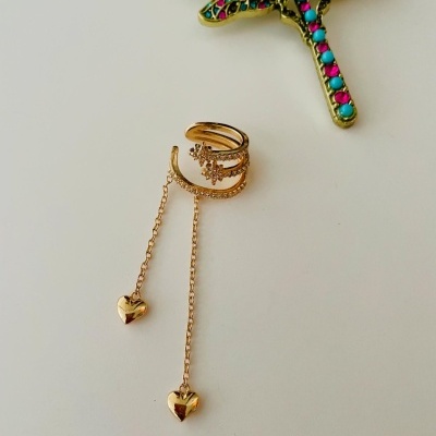 Anel dourado com corações pendurados e broche colorido de libélula.