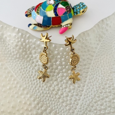 Broche tartaruga colorida e brincos dourados com motivos marinhos