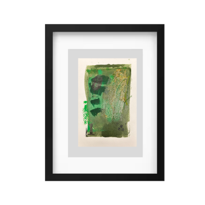 Quadro abstrato preto e branco com pintura verde e texturas