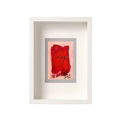 Quadro branco com pintura abstrata vermelha assinada