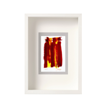 Quadro emoldurado com arte abstrata em vermelho e amarelo, moldura branca e passe-partout branco