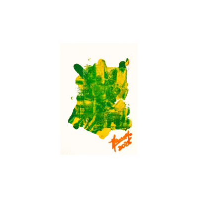 Pintura abstrata com traços verdes, amarelos e assinatura vermelha