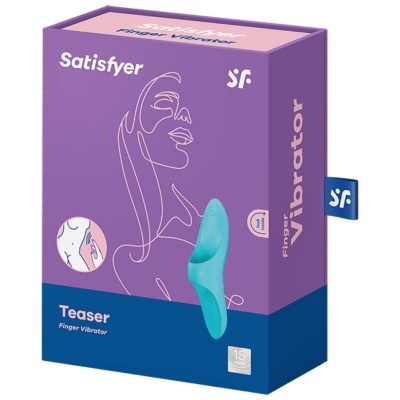 Embalagem do vibrador de dedo Satisfyer Teaser com ilustração de rosto feminina e vibrador azul