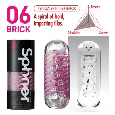 Produto TENGA SPINNER BRICK 06 com embalagem preta e rosa e detalhe do produto translúcido com padrão em espiral rosa