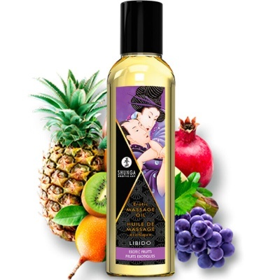 Óleo de massagem Shunga com frutas ao redor