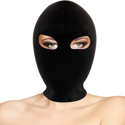 Capuz preto que cobre a cabeça e pescoço com abertura para os olhos