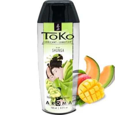 Frasco de lubrificante Toko by Shunga com ilustração e frutas ao lado