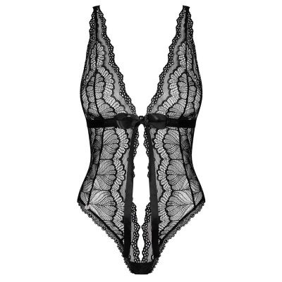 Body lingerie preto de renda com padrão floral e decote em V