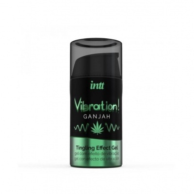 Frasco de gel Intt Vibration! Ganjah com texto e símbolo de folha de cannabis