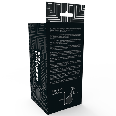 Embalagem preta com texto descritivo multilingue e padrão geométrico branco