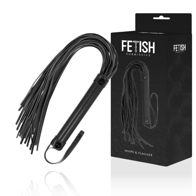 Chicote preto Fetish Submissiv3 com várias tiras e embalagem preta com texto
