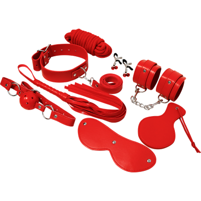 Conjunto BDSM vermelho com vários acessórios em couro e corda